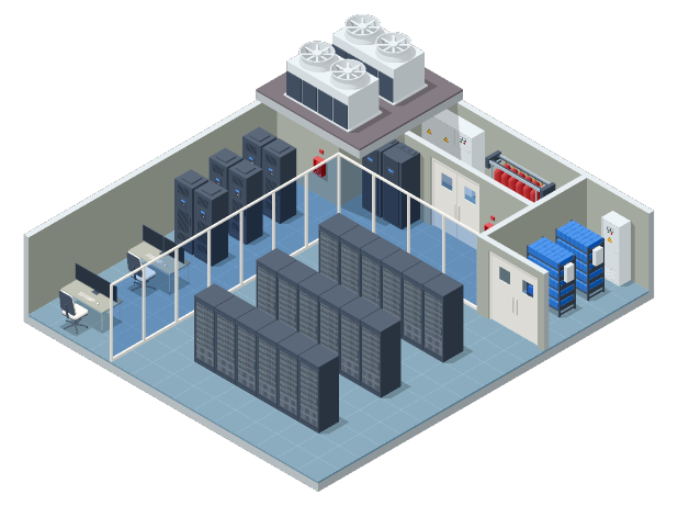 sometric illustration of a data center with rows of server racks, cooling units, and electrical equipment.