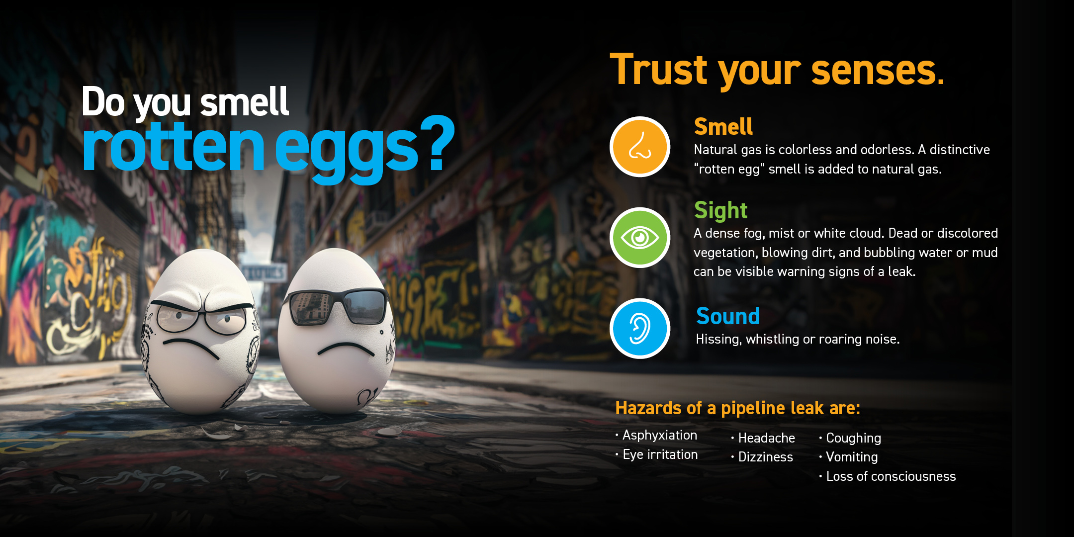 Illustration showing two cartoon eggs with unhappy expressions in an urban alley, alongside text explaining natural gas leak warning signs—smell, sight, and sound—and health hazards of a pipeline leak.