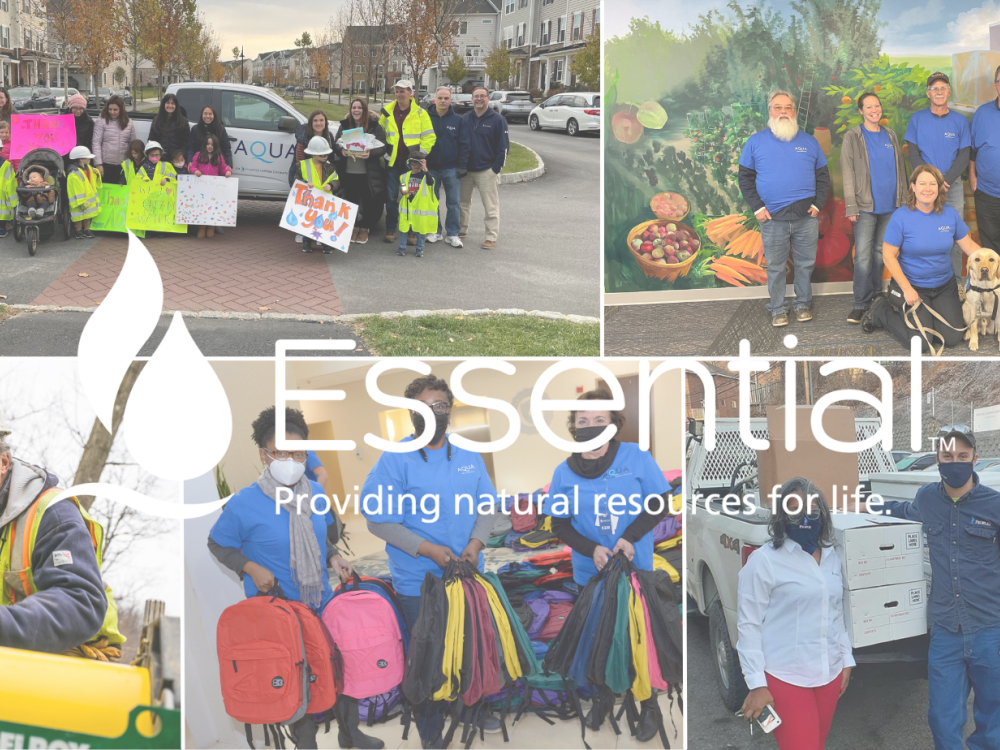 A collage of employees volunteering in various community activities, overlaid with the Essential logo and the text “Providing natural resources for life.”