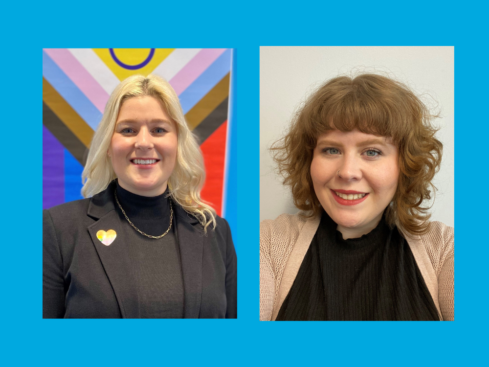 Two people shown in side-by-side portrait photos; the person named Krista, on the left stands in front of a colorful pride-themed background, and the person named Erin, on the right is in front of a plain light-colored wall.