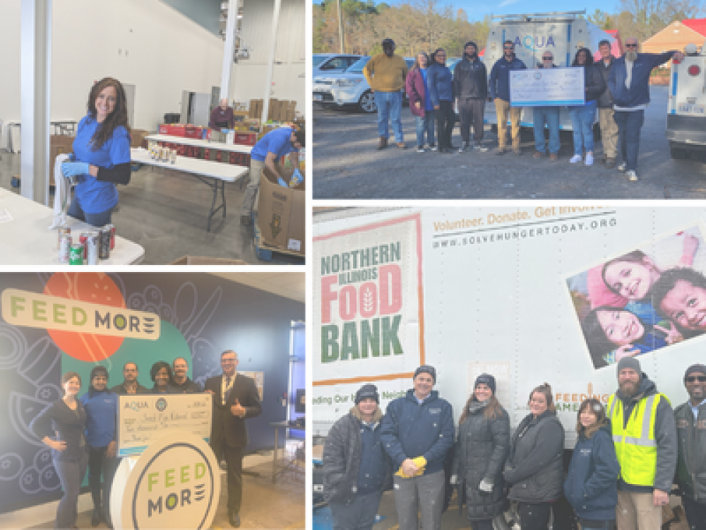 A collage of groups of volunteers from Essential's second annual Fall for Food Banks initiative, including scenes of sorting donations, holding large checks, and standing in front of food bank signage.