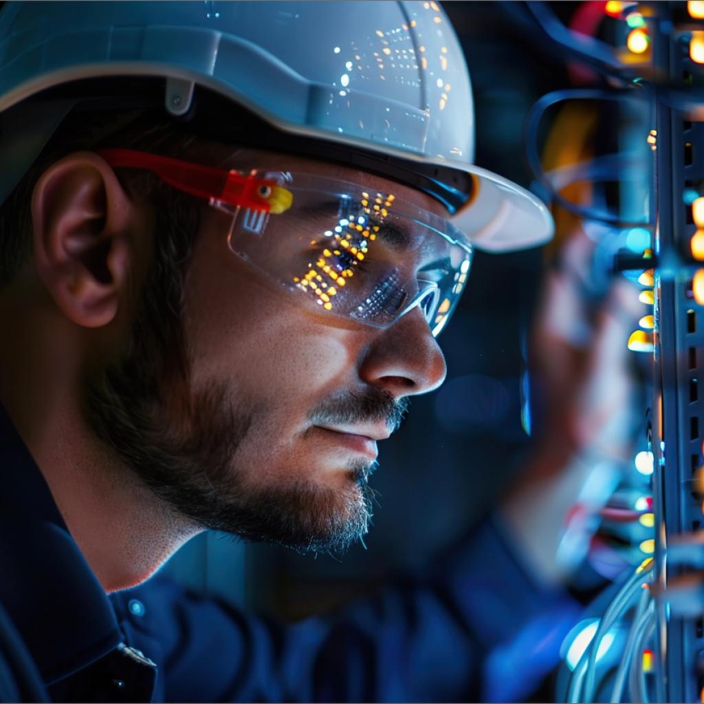 Technician wearing a hard hat and safety glasses working on illuminated server or electrical equipment.