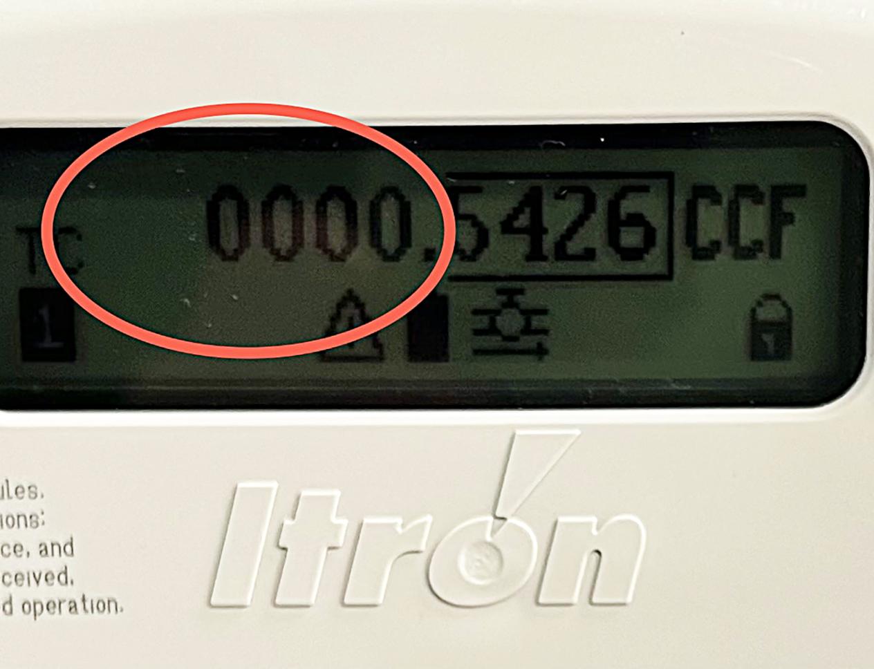 Close-up of gas meter display showing usage numbers.