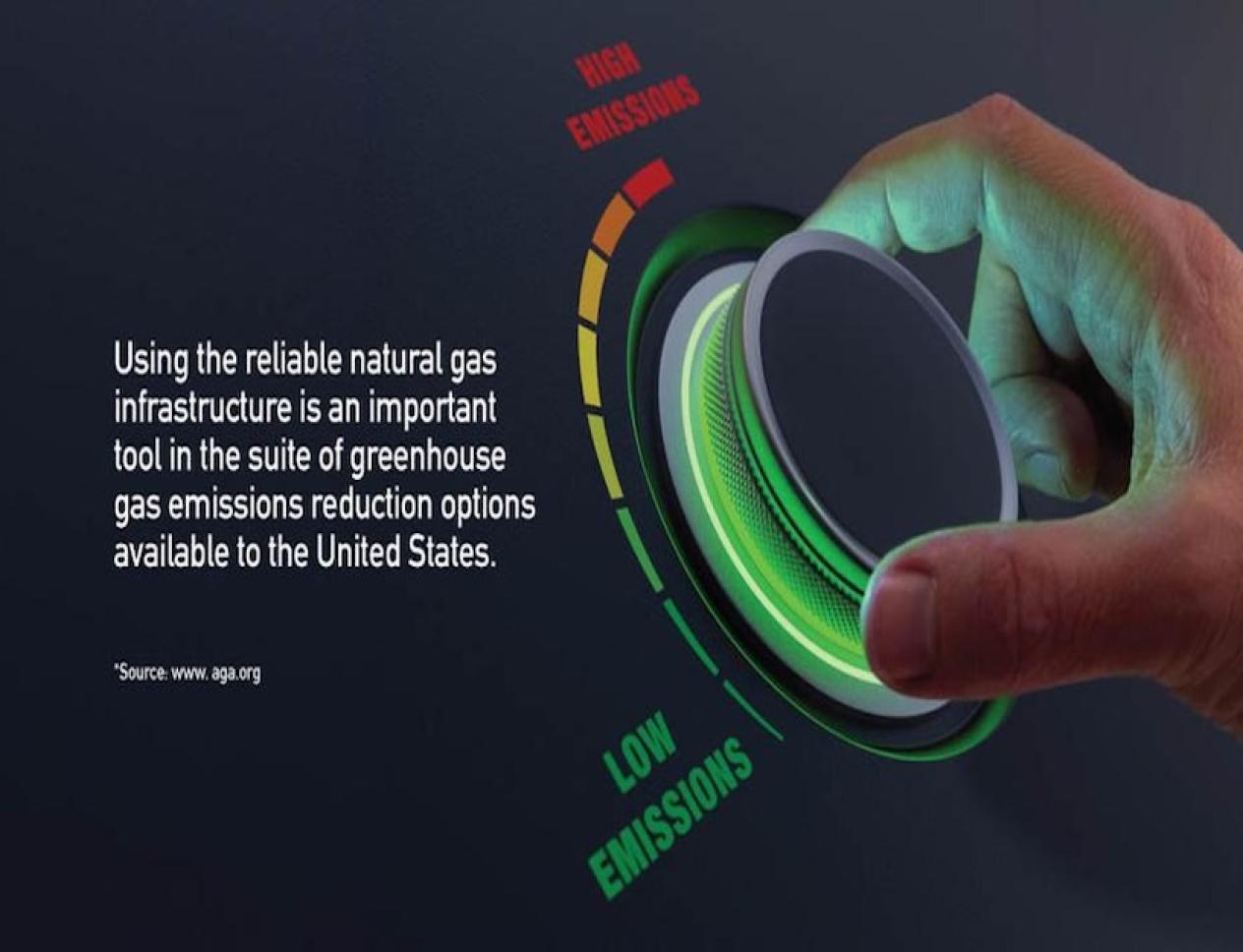 Hand turning a glowing dial from “high emissions” toward “low emissions,” symbolizing greenhouse gas reduction.