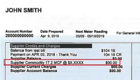 Utility bill excerpt highlighting the “Supplier Commodity” charge line, showing usage in MCF and a $0.00 charge.